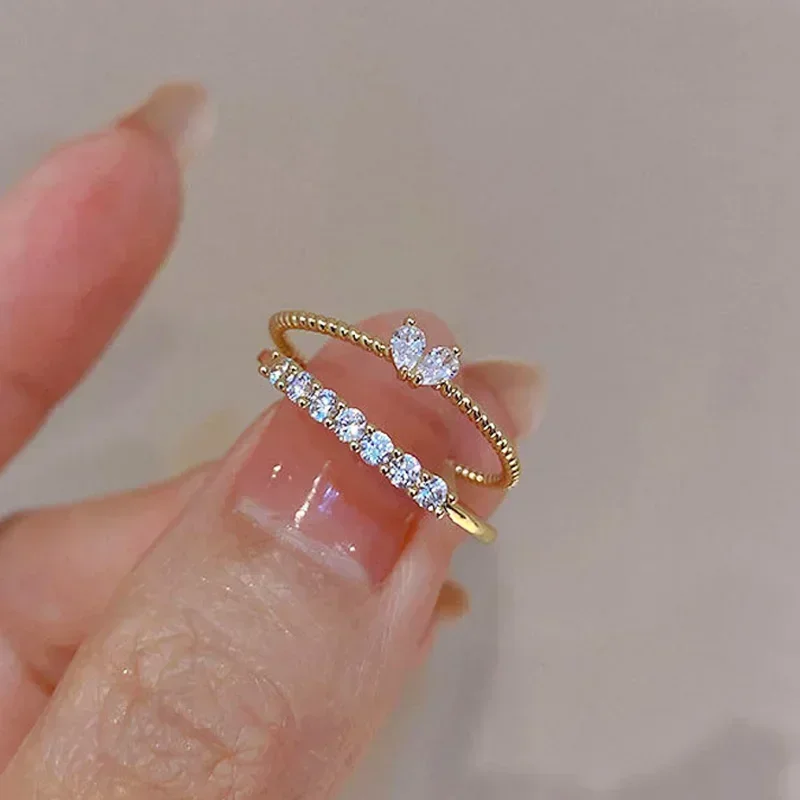 2Pcs/set Luxury Zircon Heart Rings For Women Gold Color Opening Adjustable Weave Rhinestone Ring Engagement Wedding Jewelry Gift