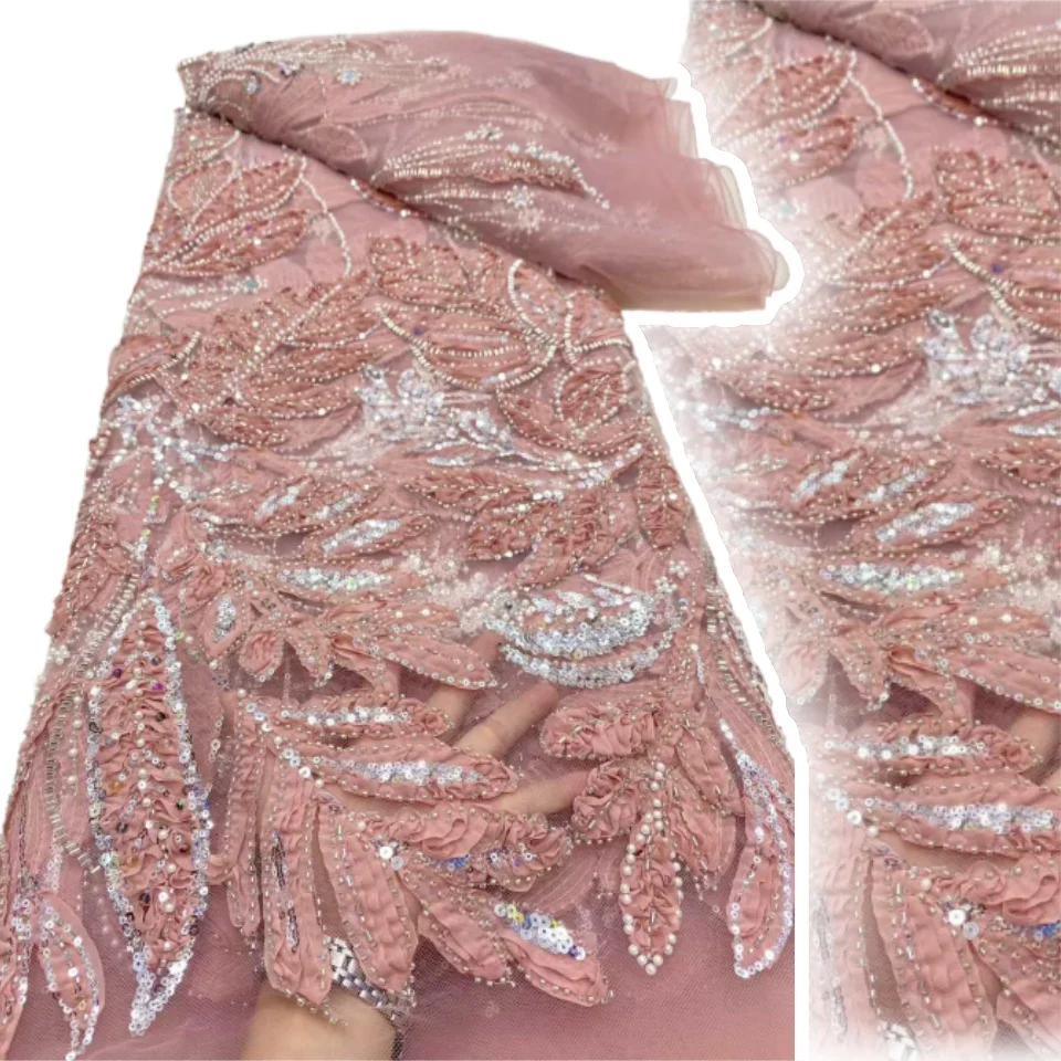 

Новейшая французская 3D кружевная ткань с цветочной вышивкой для жениха, высокое качество, африканское тюлевое кружево с блестками и бисером для вечерних платьев TP1240