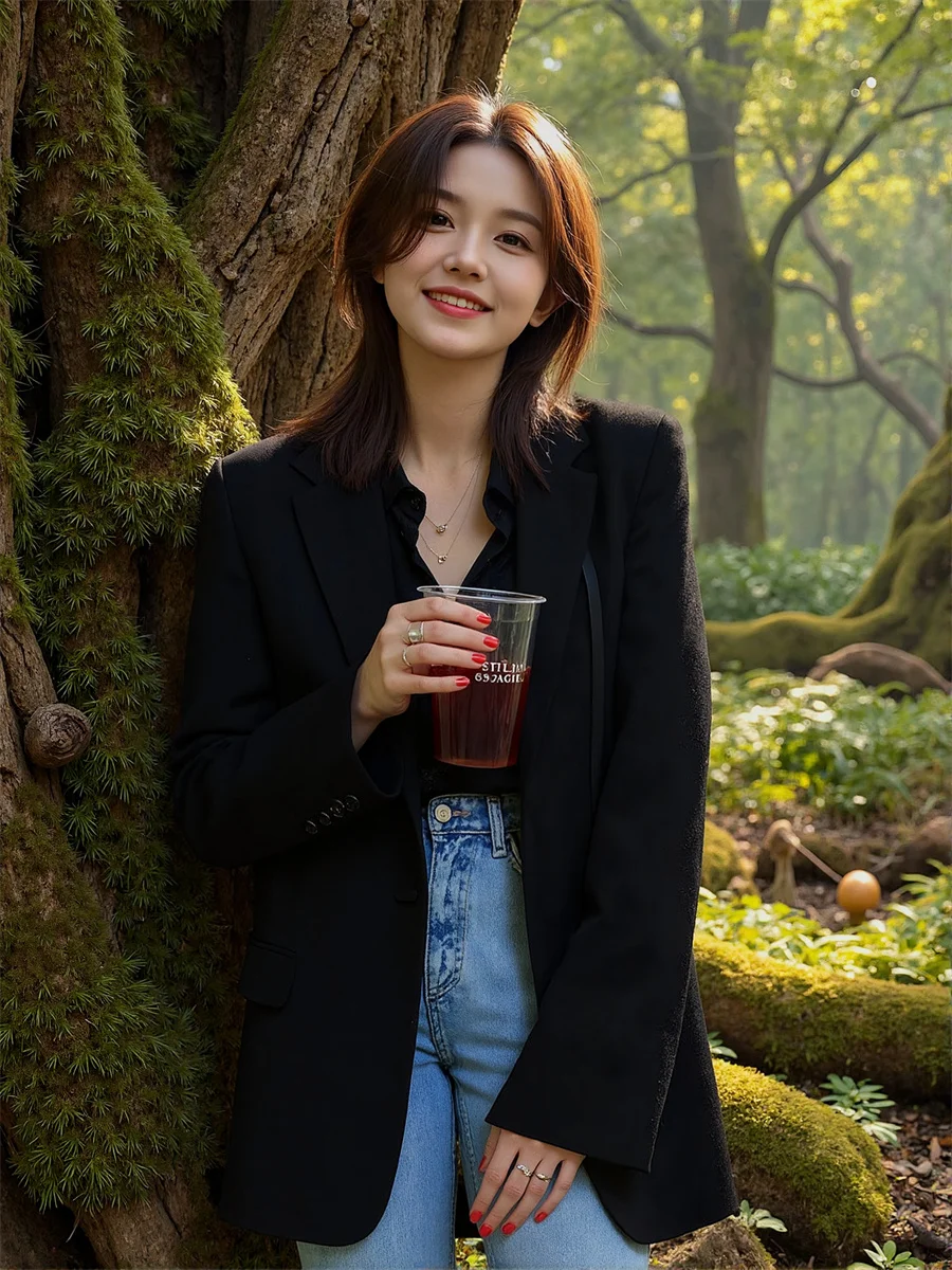 سترة نسائية سوداء بياقة مقلوبة ضرب مشتركة رشيقة محبو موسيقى الجاز مبطن تأثير الساتان رومانسية غسل البساطة كشكش #5