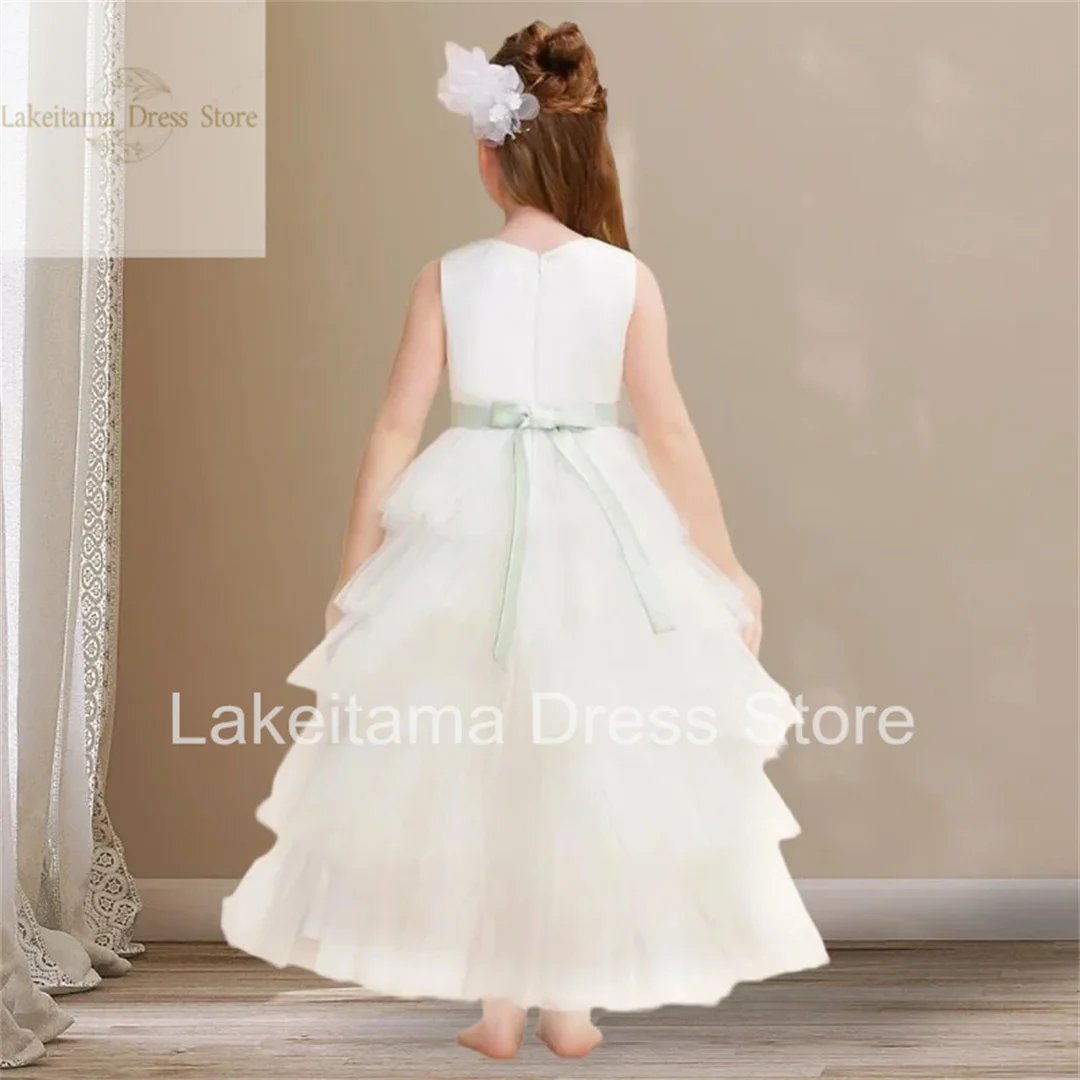 White Flower Girl Dress Sleeveless Kids Birthday Party Beauty Pageant First Communion Elegant Dress Suitable For 1-14 Years