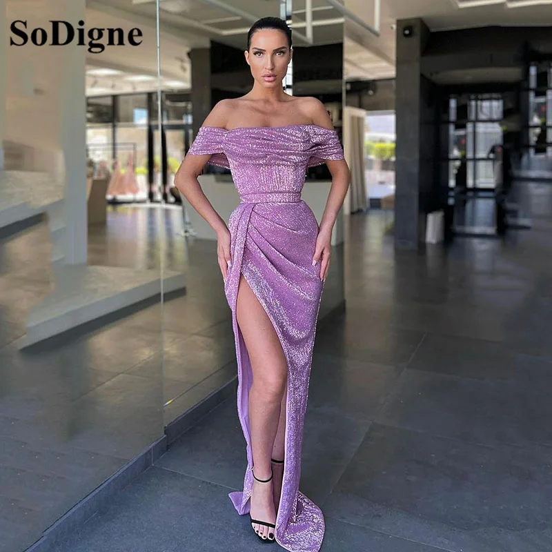 

SoDigne Purple Sparkly Sequins Mermaid Evening Dresses Sexy Side Split Off Shoulder Long Dubai Prom Gowns 2024