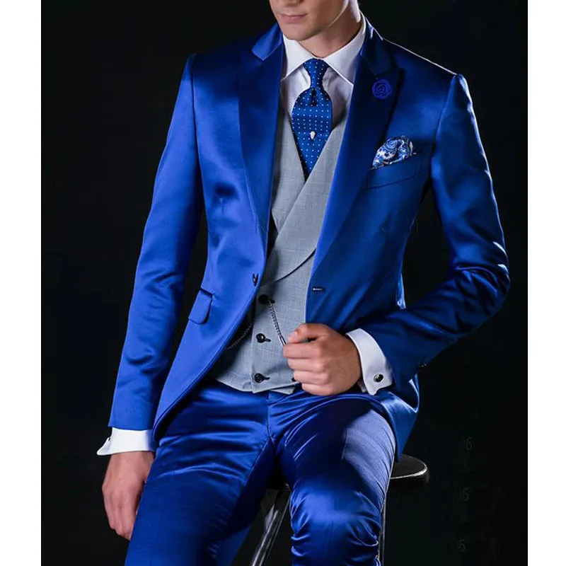 Luxury Satin Men Suits Wedding Blazer Terno Single Breasted Notched Lapel Elegant Hombres Three Piece Jacket Pants Vest Slim Fit