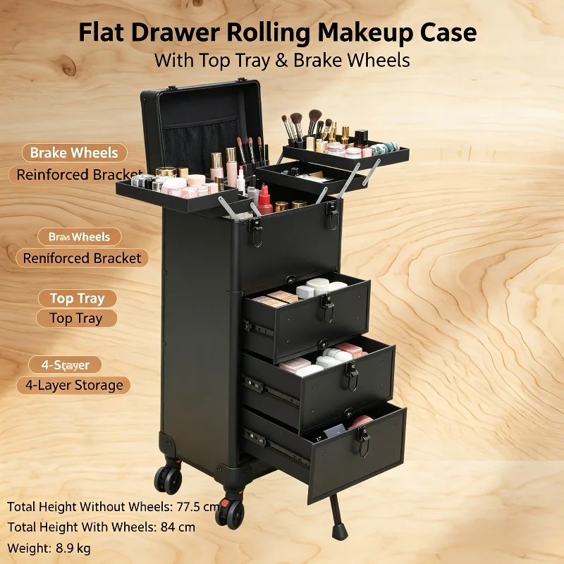 Rolling Makeup Nail Training Case with Multi-Layer Pull-out Drawers, Wheeled Beauty Travel Trolley for Makeup Eyelash Nail Tech