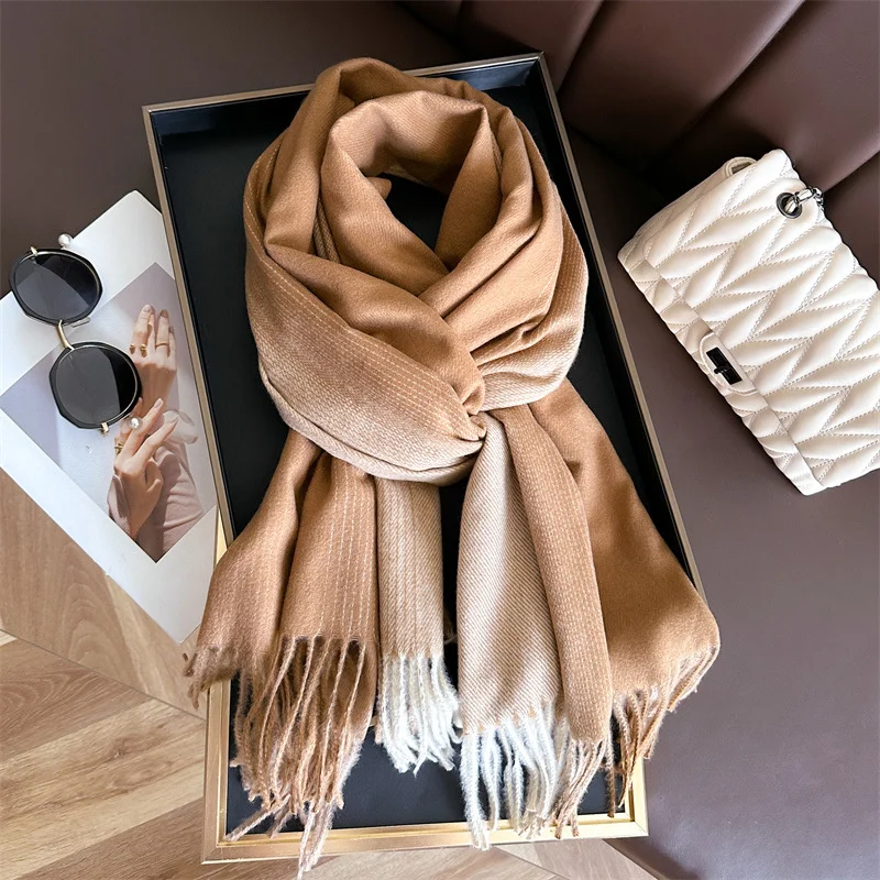 Color Blocking Women Winter Warm Scarf Travel Hijabs Tassels Shawl Cashmere Pashmina Hijabs Scarves Wraps Stole