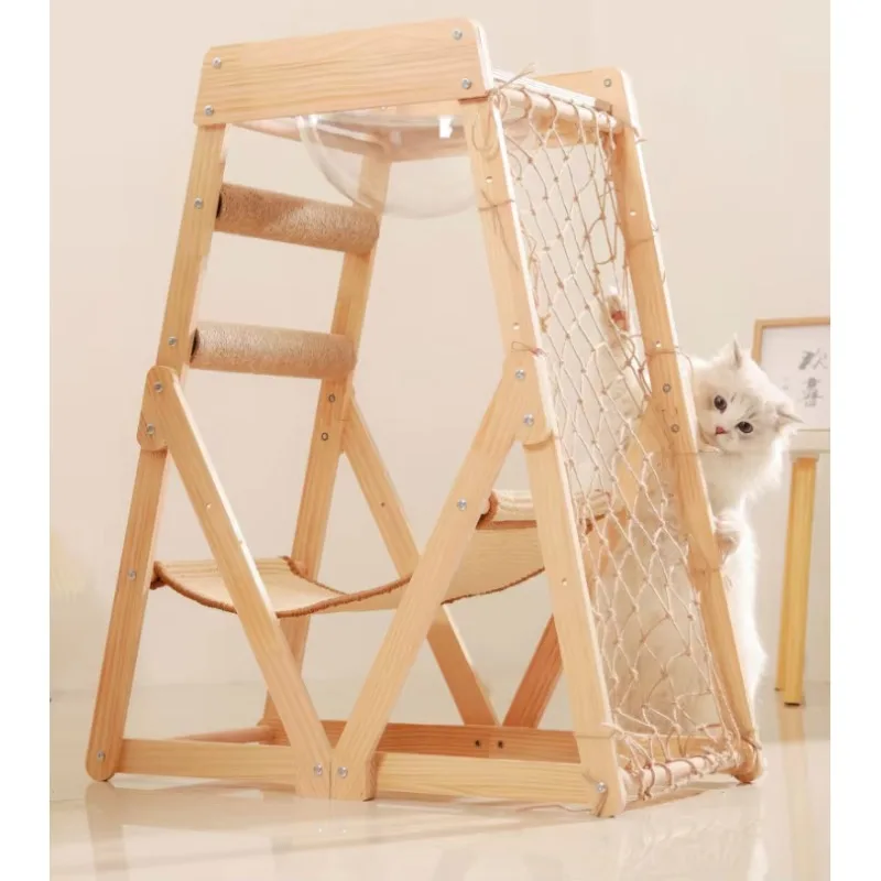 Wooden Cat Tree with Climbing Frame, Self-Play Cat Scratching Net & Post, Interactive Kitten Activity Toy for Indoor Cats