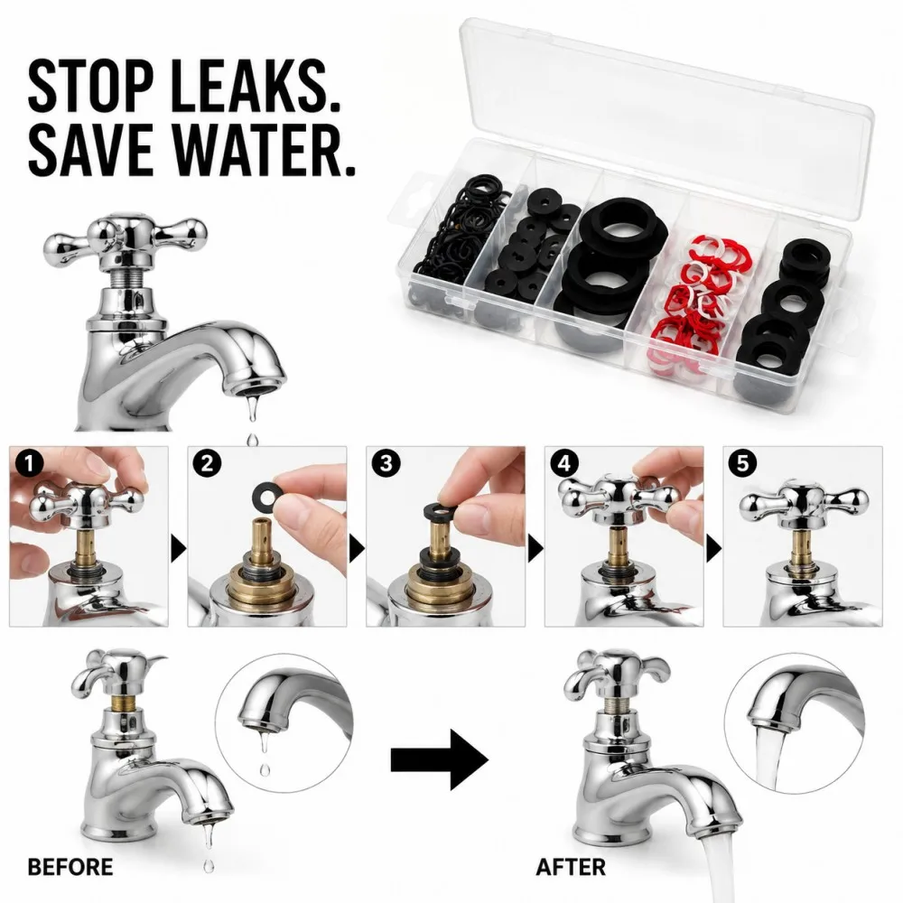 125Pcs Tap Reseater Washer Assortment Multi Size Faucet Seal Gasket Leak-Proof Rubber Washers Kit Plumbing Repair Parts