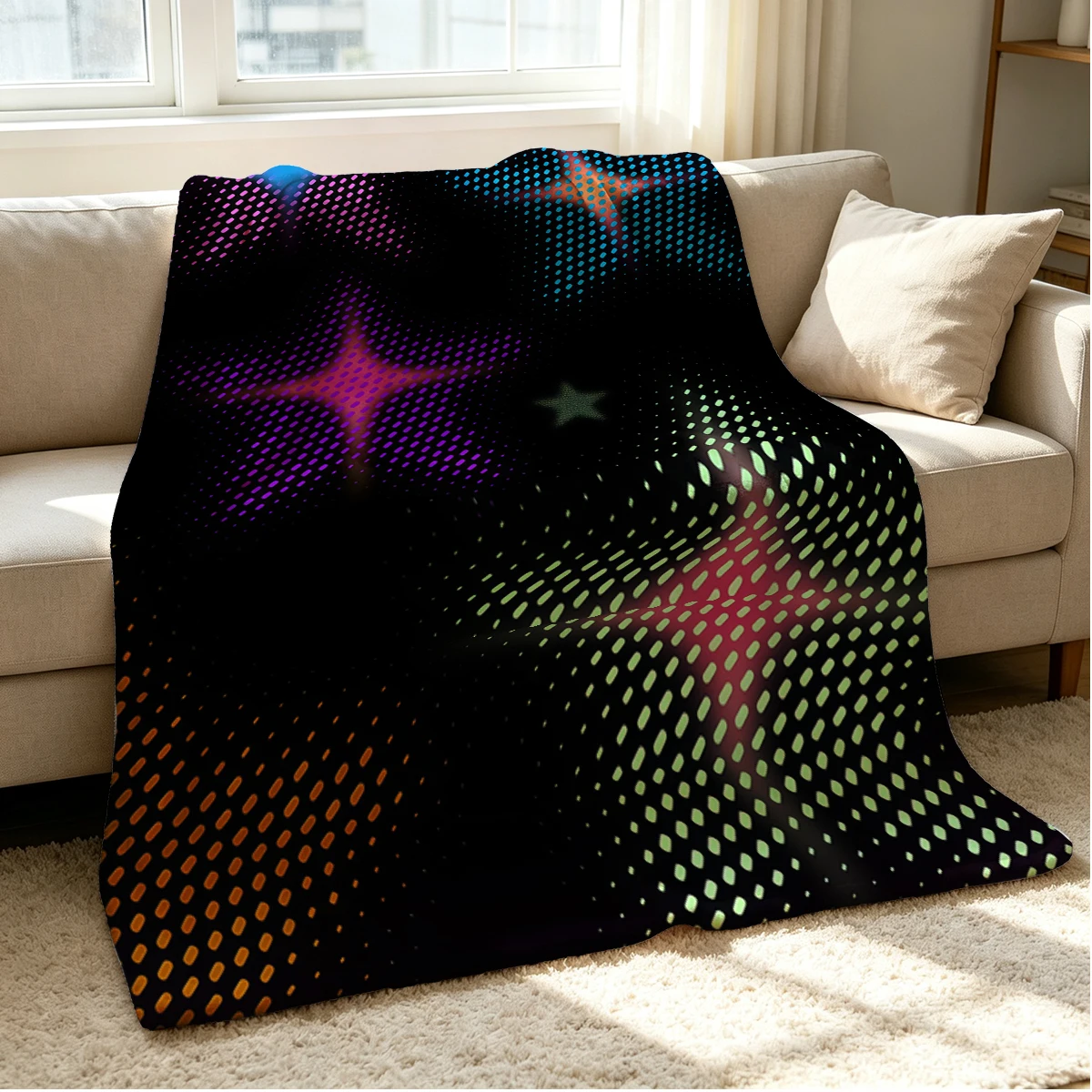 Neon Stars Flannel Blanket Warm Soft Halloween Christmas Couch Warm Cozy Decorative Decor Gift for All Season