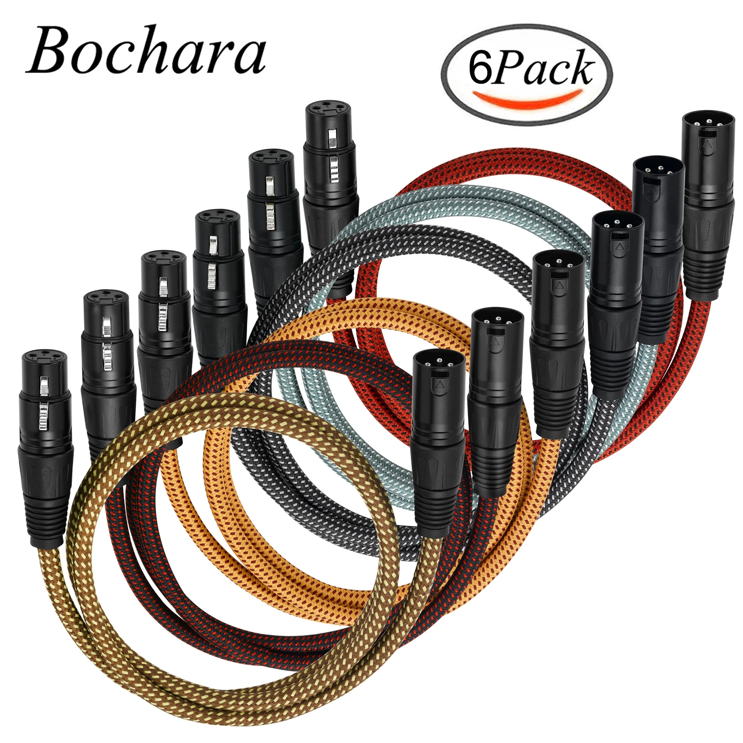 Bochara 6Pack Pleciony kabel XLR męski na żeński 3-pinowe gniazdo OFC Folia miedziana + pleciony ekranowany do wzmacniacza Mikser mikrofonowy