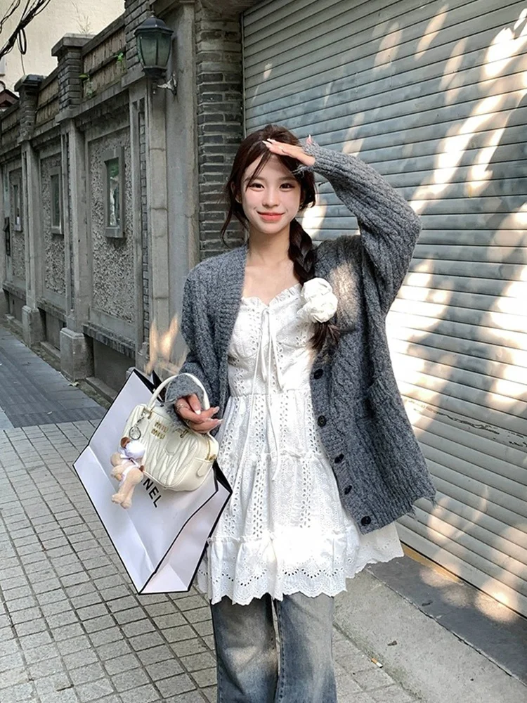 Coréen Sle A-Line Dr Lace Trim ter Ne Dr Minceur Polyvalent Blanc Brodé Imprimé Floral Maxi Dr