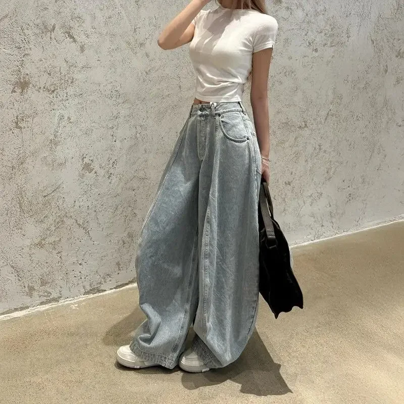 Women's Spring Autumn New High Waist Loose Slimming Floor Length Pants American Washed Loose Wide Leg Knife Edge Jeans