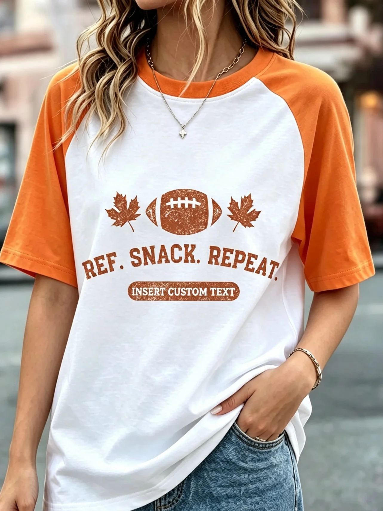 Ref Snack Repeat Custom Text Vintage Football Maple Leaf Raglan T-Shirt, Women Color Block Short Sleeve Game Day Baseball Tee