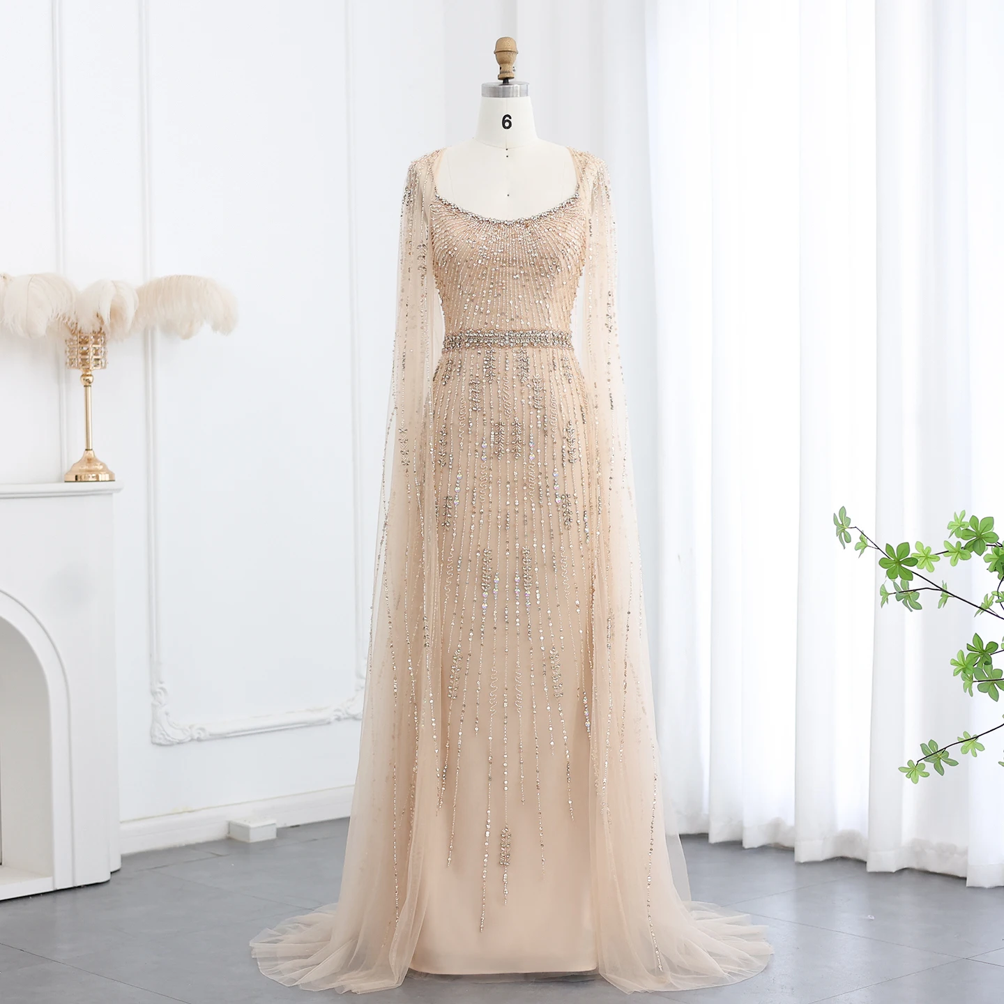 

Sharon Said Luxury Champagne Mermaid Evening Dress with Cape Elegant Arabic Black Long Women Formal Party Gowns SS590 Customized