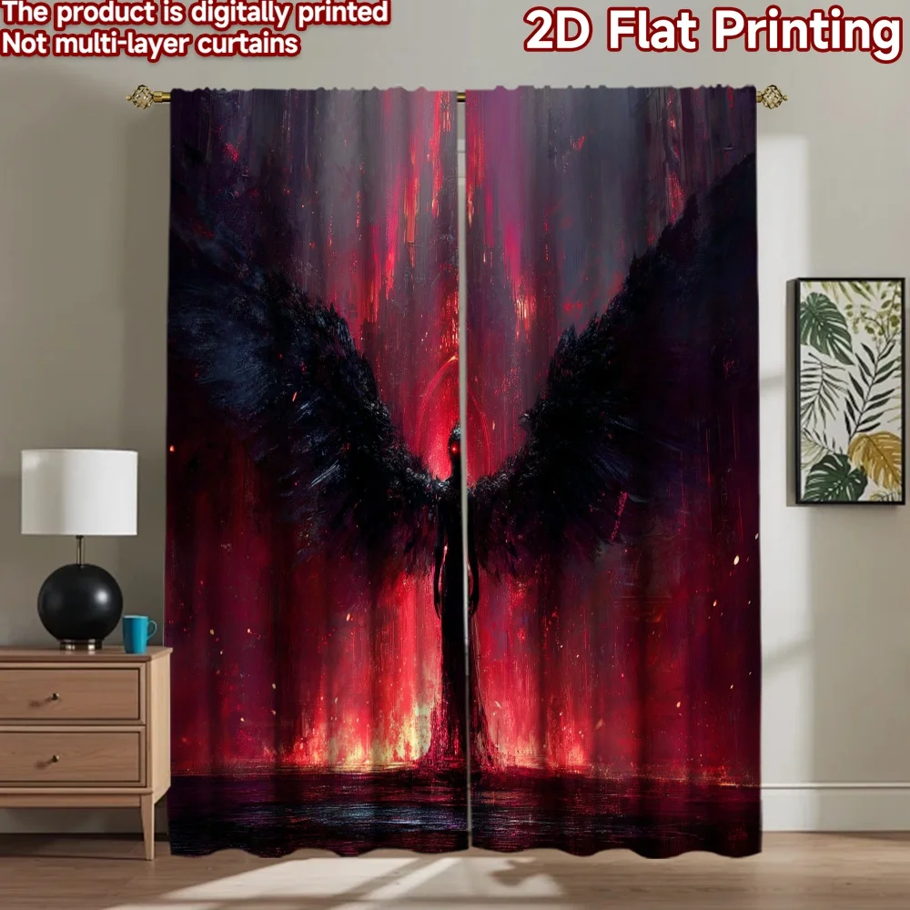 2D flat printing 2pcs Window Curtains Dark Angel Fiery Digital Printed Polyester Drapes Festive Wall Decor Perfect for Outdoor