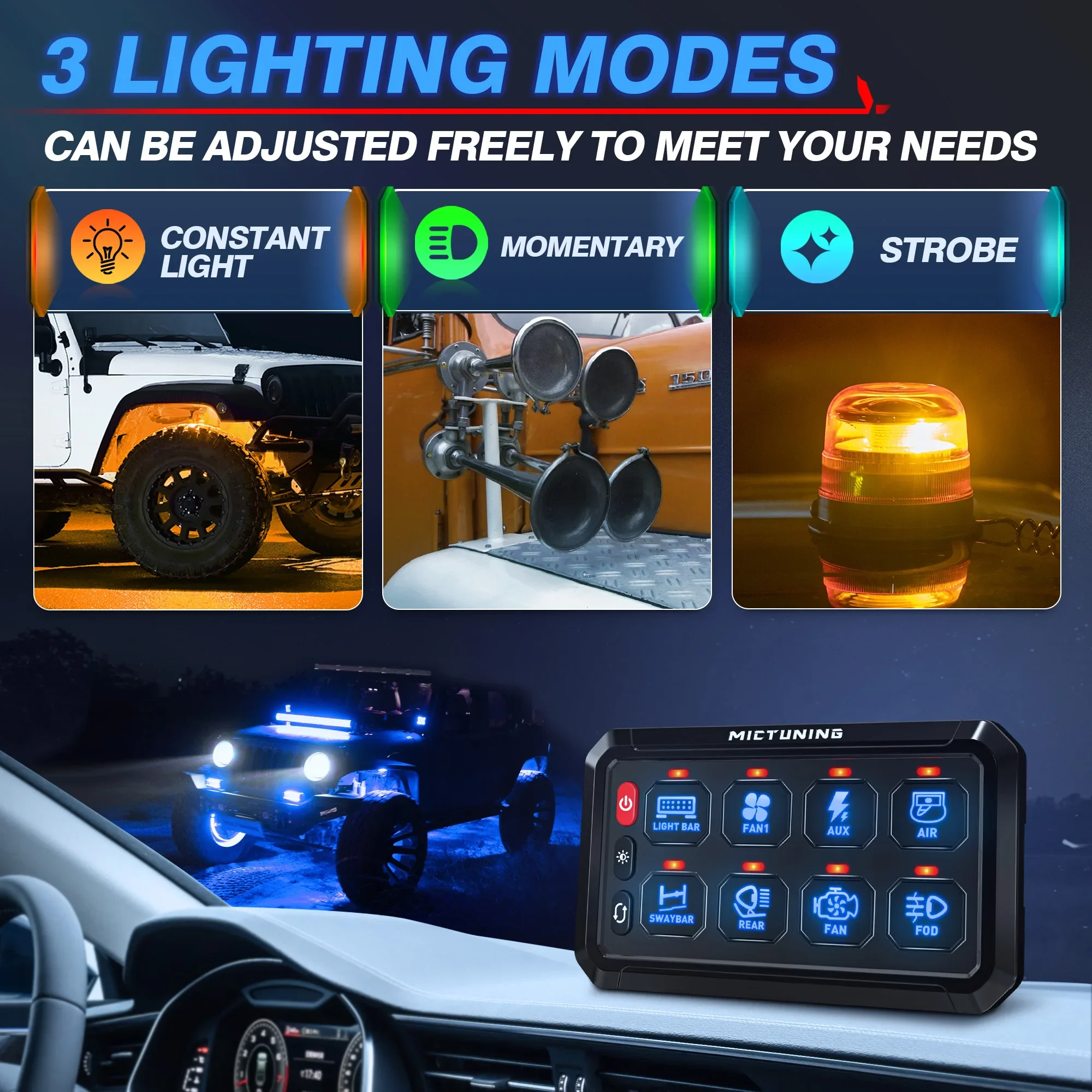 

MICTUNING P1S 8-бандовая панель переключателей, переключатель включения/выключения, регулировка яркости, синяя подсветка, релейная система управления для внедорожного квадроцикла