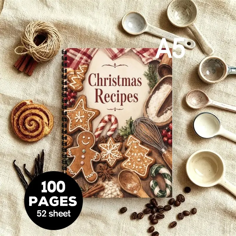 A5 Spiral Bound  Christmas Baking Cookbook,Gingerbread Baking Elements Themed Recipe Organizer Journal, Ideal Christmas Gift