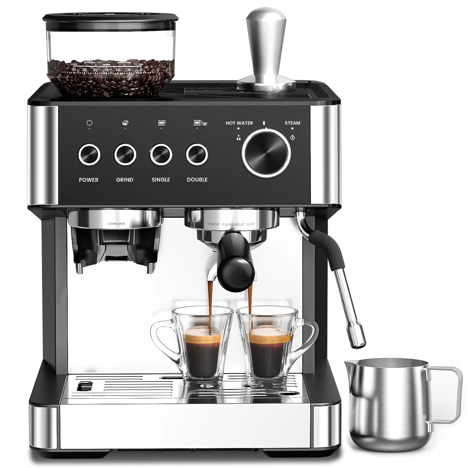 20Bar High Pressure Espresso Coffee Machine Integrated Grinder & Steam Wand Milk Frother for Home Latte Cappuccino Making
