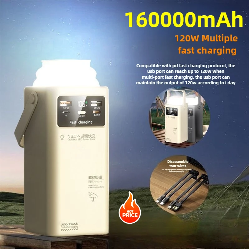 

New 160000mAh Extra Large Capacity Power Bank 120W Fast Charging with 4 Cable Super Bright LED for Outdoor Camping Mobile Phone