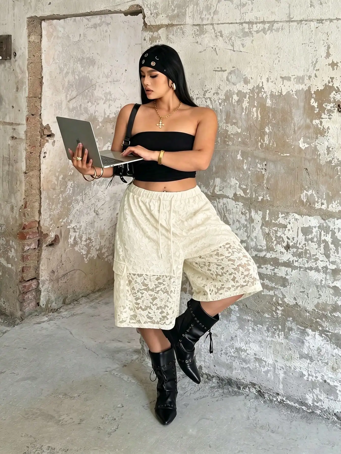 Plus-Size Damen Spitzen-Cargo-Bermudashorts, Sommer-Shorts mit elastischem Kordelzug in der Taille, ausgeschnittenem Blumenmuster und knielanger Länge, Y2K Streetwear – Detail 5