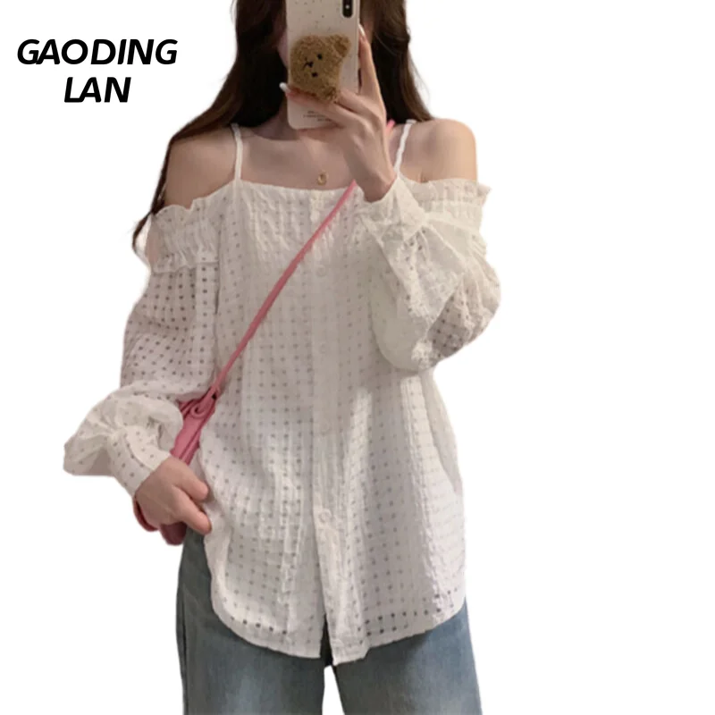 L-4XL Large Size Loose Women T-shirts Long Sleeve Solid White Slash Neck Tops Loophole Transparent Camisoles Off Shoulder Tees