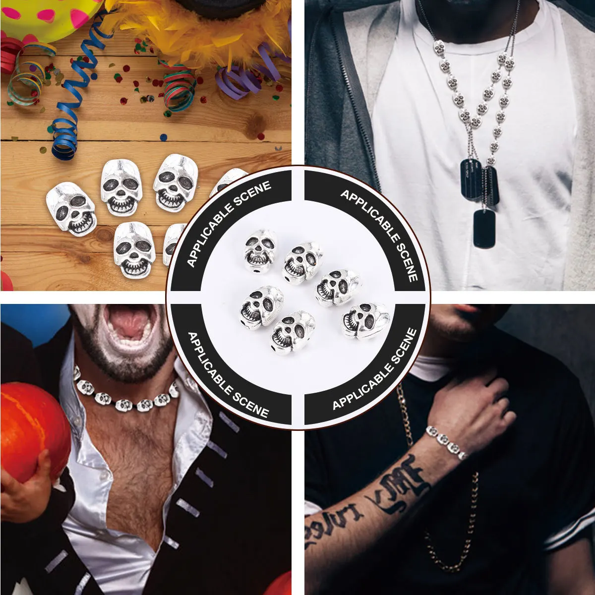 

50Pcs Skull Beads Alloy Durable No Fade Creative DIY Bracelet Necklace Accessories Halloween Tibetan Silver Beads for Jewelry