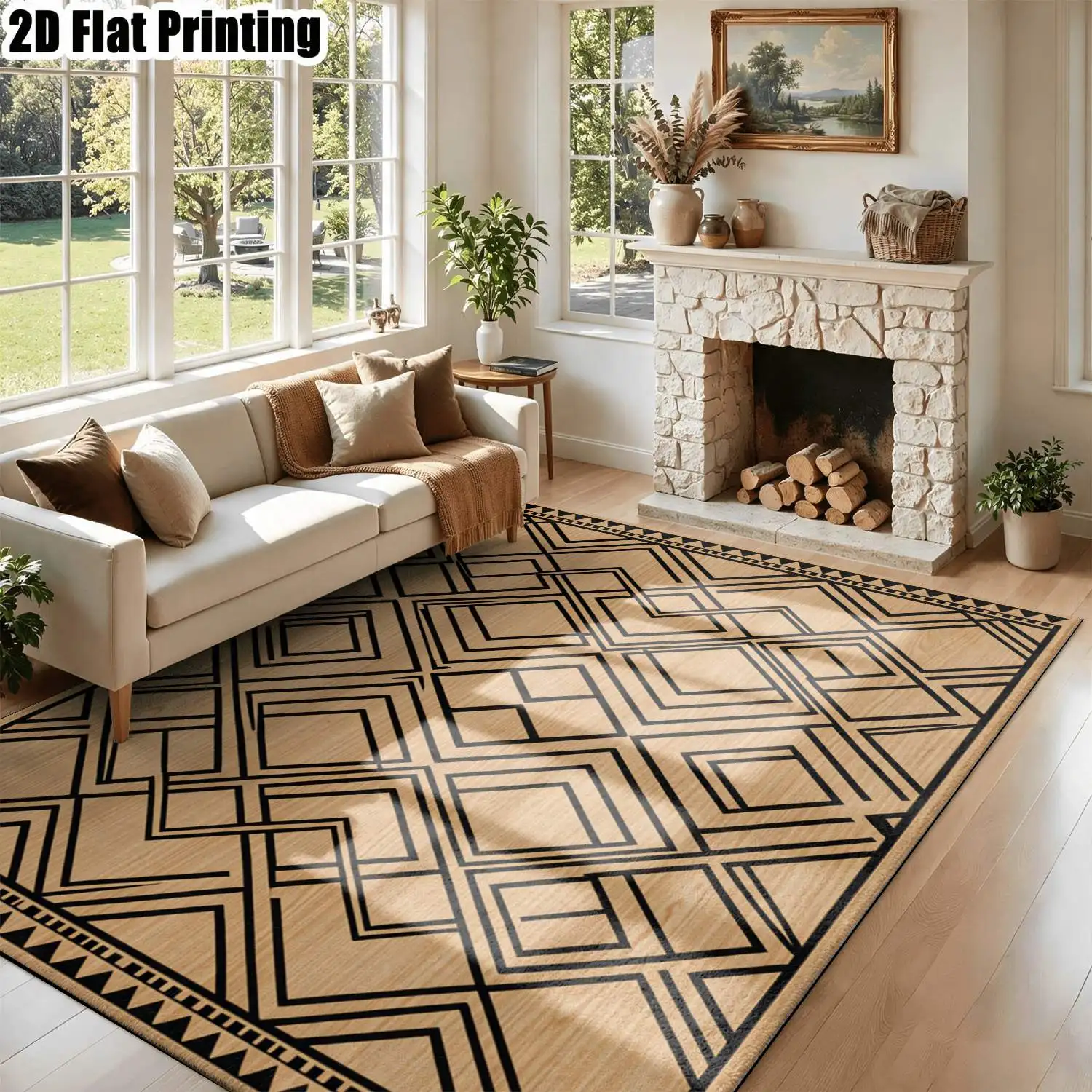 1Pc 2D Printed Carpet: Black & Brown Geometric Lines, Modern Nordic Instagram Style, Machine Washable, Multi-Size, Home Decor for Entryway, Dining Room, Foyer, Study, Living Room, Bedroom