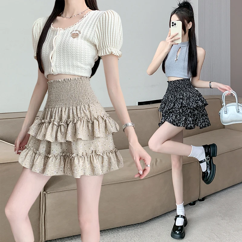 Summer Black Fragmented Flower Age Reducing Cake Short Skirt High Waist Slim and Fluffy A-line Skirt Half Skirt Chiffon Skirt