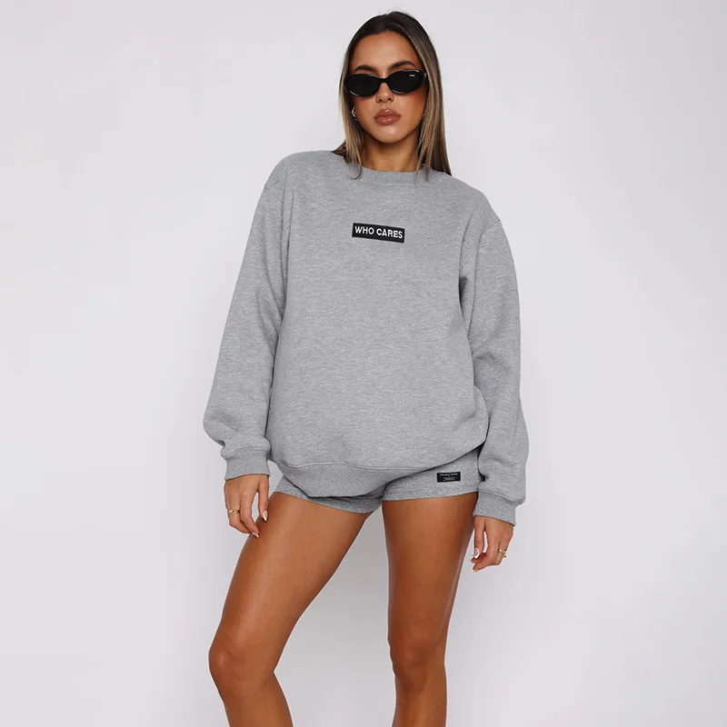 

Women's Oversized Round Neck Sweatshirt High Waist Shorts Set Printed Long-sleeved Sweatshirt Casual 2-piece Street Shorts Set