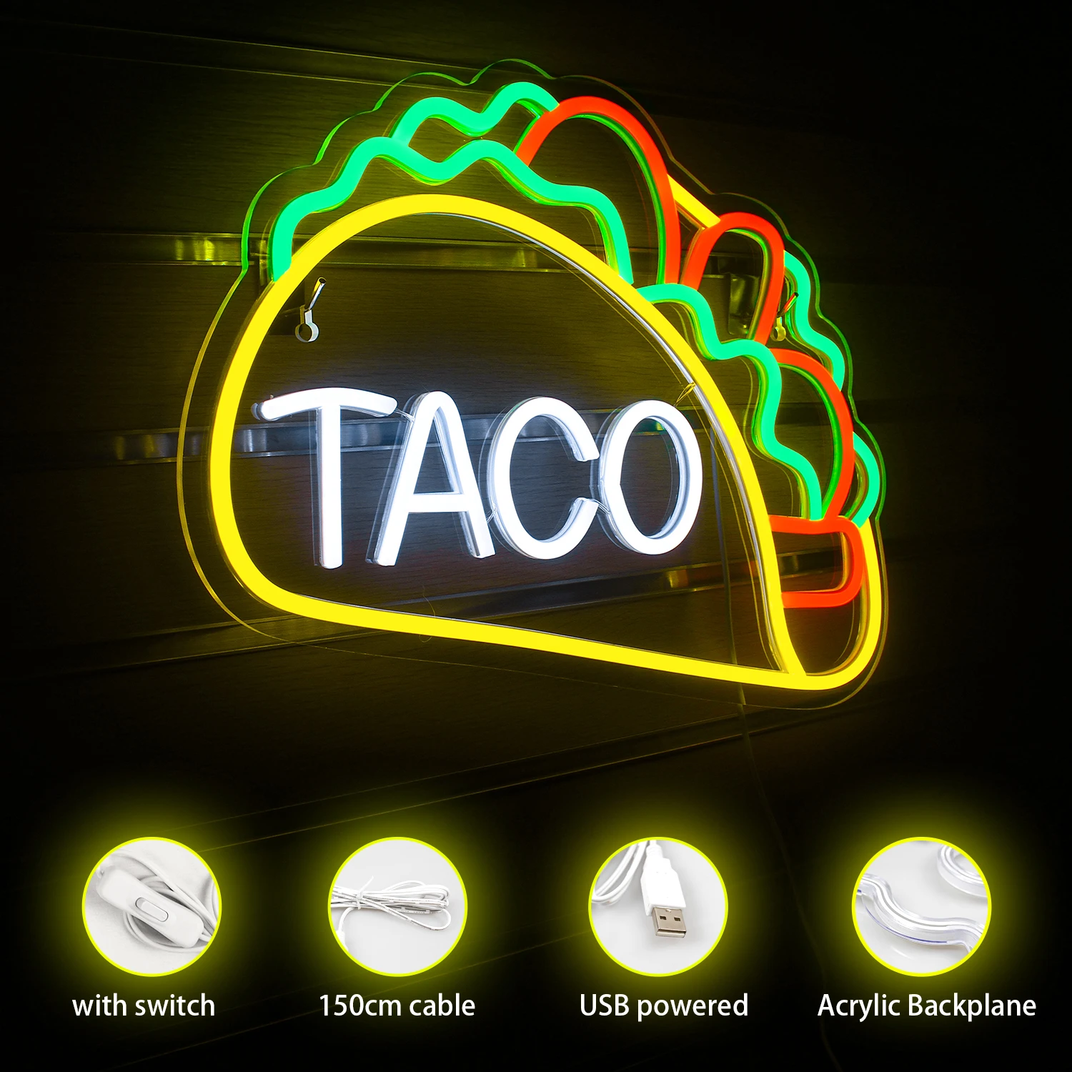 Tacos Shaped Neon Sign USB Powerd LED Signs Wall Decor Yellow Neon Lights for Pizzeria Kitchen Restaurant Party Pub Decor