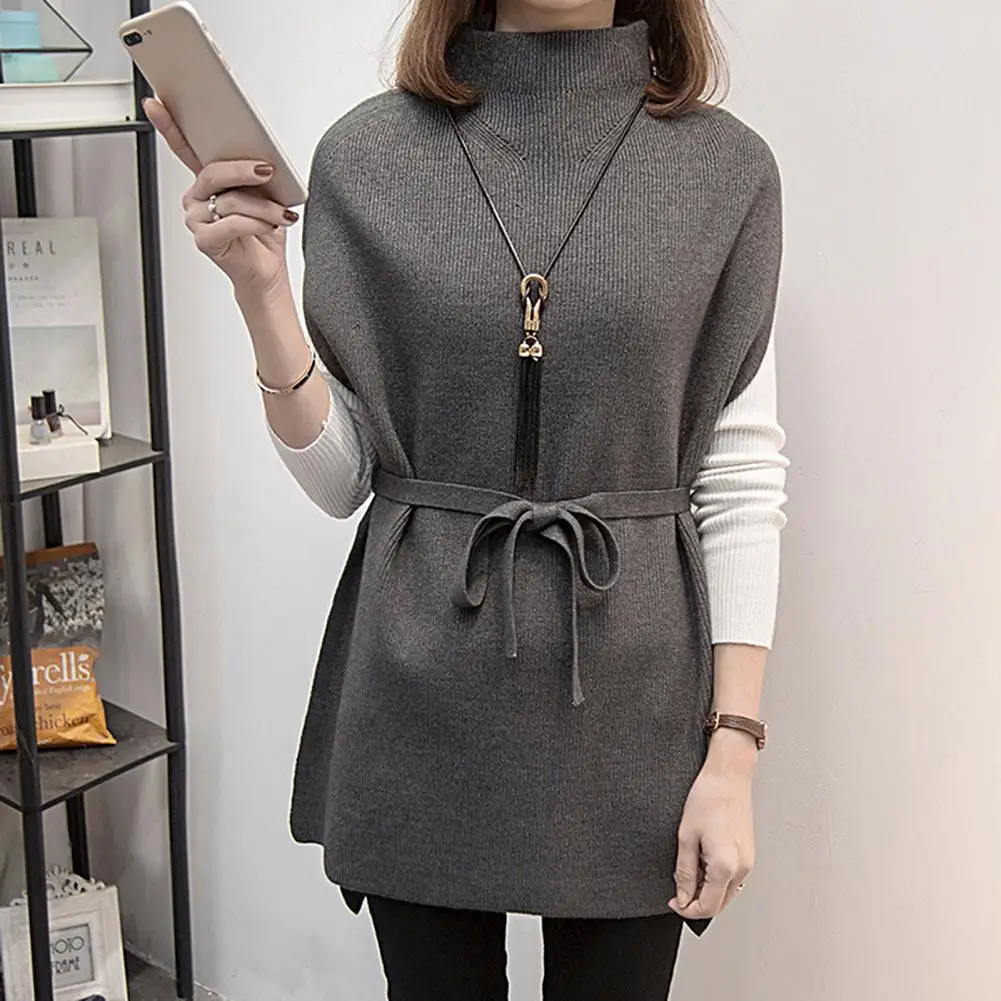 Women Sweater Vest Women\'s Turtleneck Sweater Vest Pullover Winter Knitted Dress Loose-Fitting Waistcoat Loose Dress Female Tops