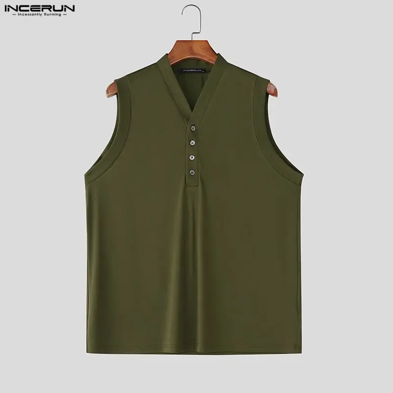 

INCERUN Men Tank Tops Solid Color V Neck Sleeveless Button Summer Male Vests Streetwear Knitted Fashion Casual Men Clothing 2025