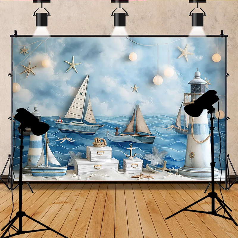 Mermaid Blue Marine Wall Sailboat Photography Backdrops Birthday Party Decor Global Fishing Net Photo Studio Background TE-07