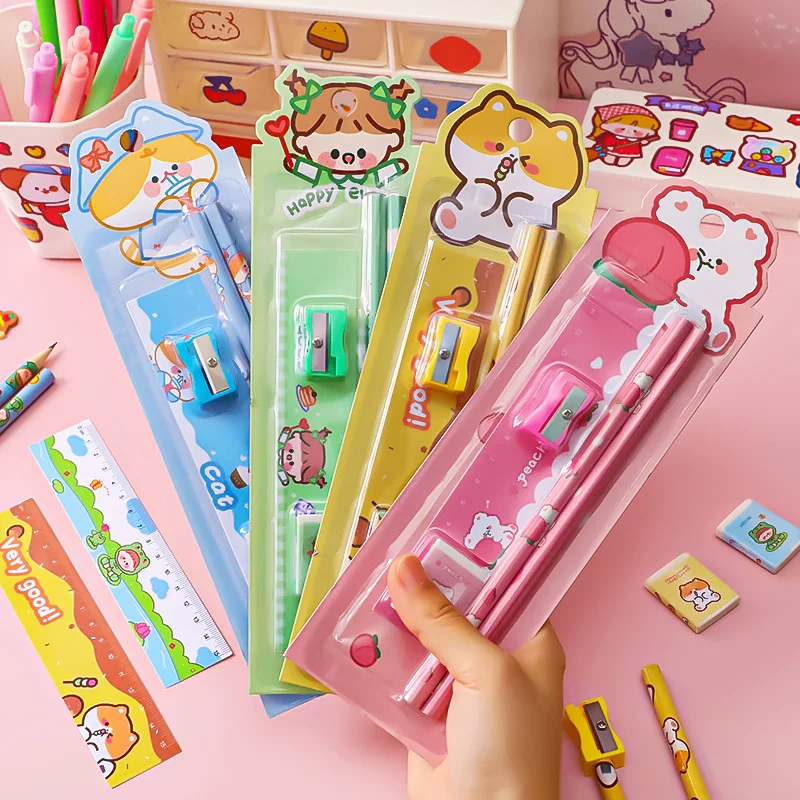 1Set Cute Cartoon Stationery Set Kid Gifts for Elementary Students Pencil Sharpener Ruler Eraser Kawaii School Supplies for Math