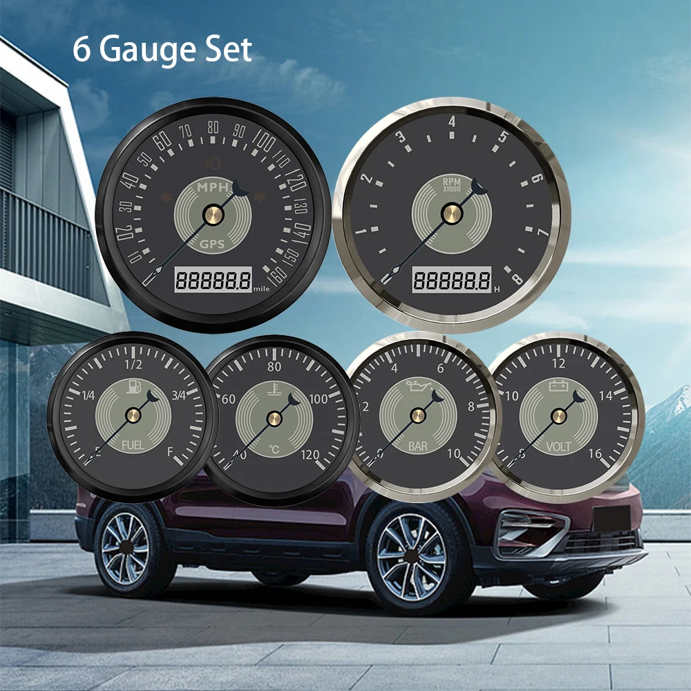 

RHAXEL 6 Gauge Set 85mm 0-160km/h GPS Speedometer + Tachometer 0-8000RPM +52MM Fuel Level Water Temp Oil Pressure Voltmeter 12V