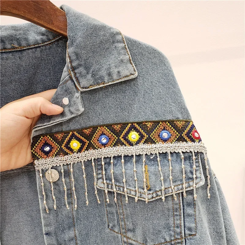 

Vintage Jeans Jacket Coat Women Tassel Embroidery Flowers Denim Coat Loose Long Sleeve Short Bohemia Denim Jacket Female Outwear