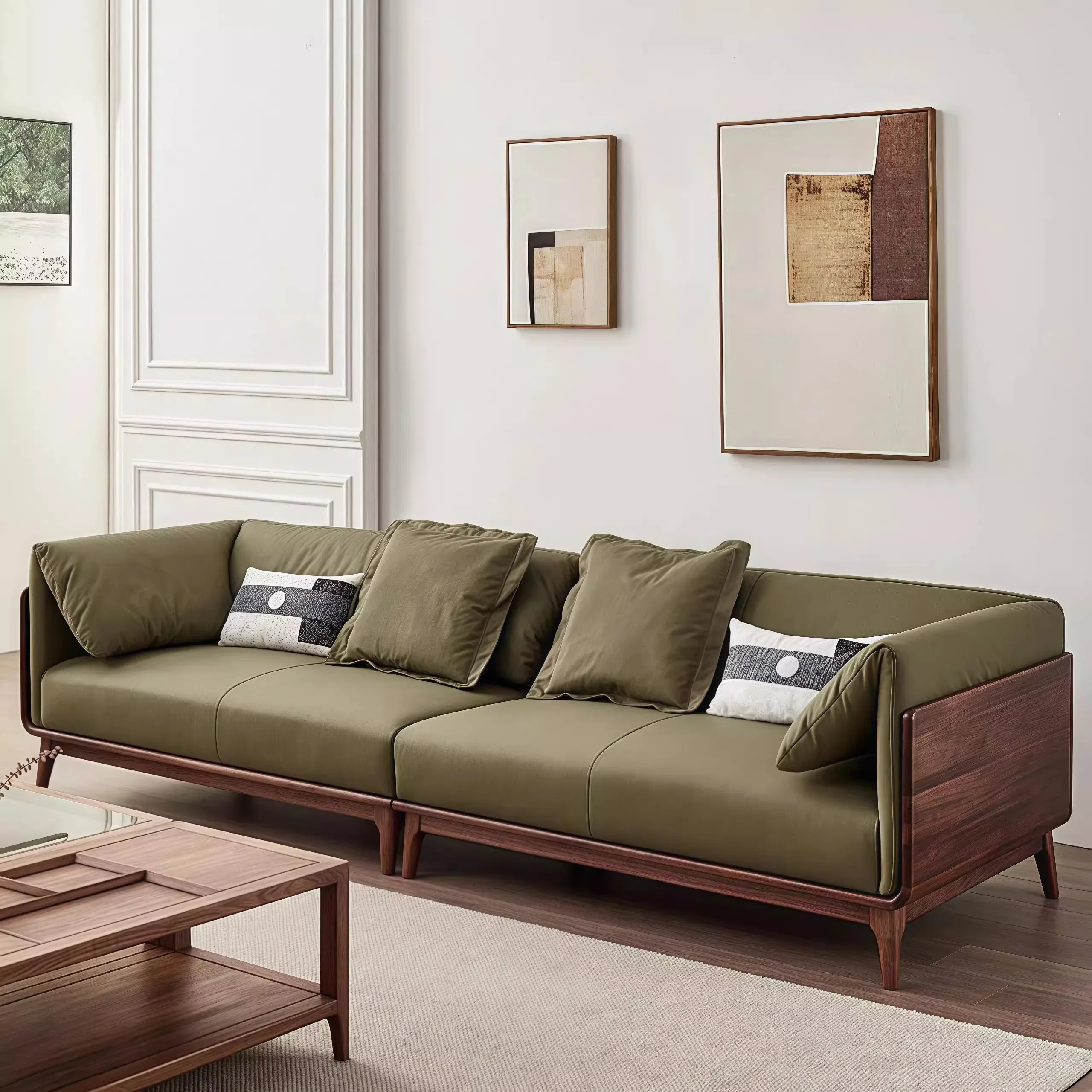 Modern simple solid wood sofa, living room, light luxury, Nordic high-end villa, model house, Chinese three-seat inline sofa