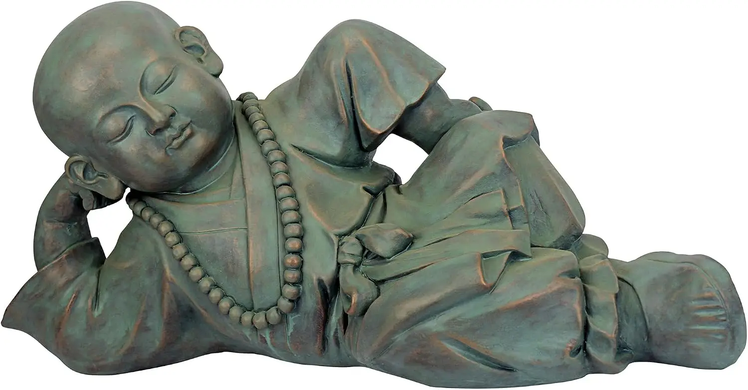 Resting Serene Baby Monk Asian Boy Garden Statue, 24 inches Wide, 12 inches Tall, Cast Stone Resin, Green Bronze Finish