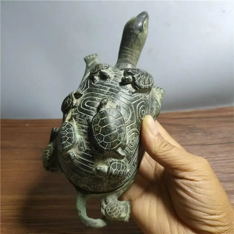 China Antique Bronze Longevity Turtle Give Birth 9 Sons Auspicious Ornaments