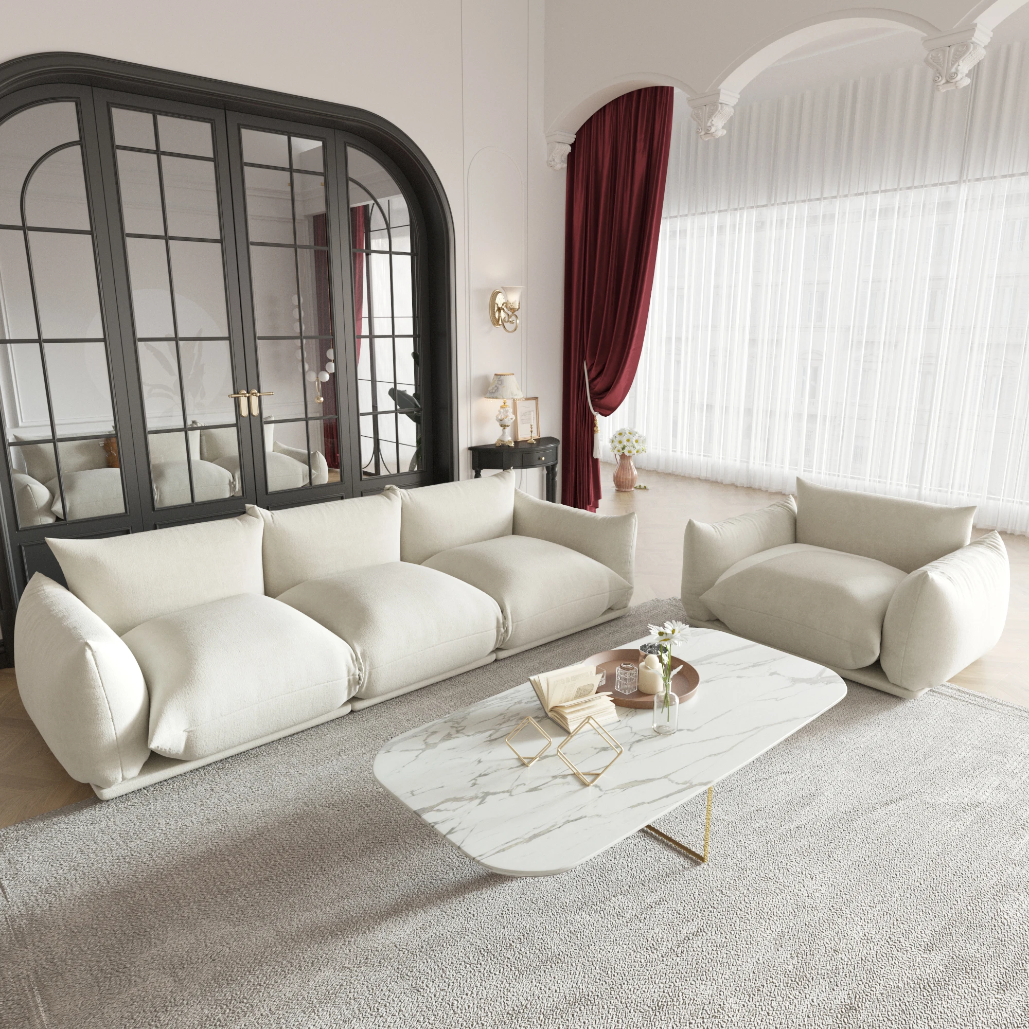 

Designer Modern Beige Velvet Fabric Living Room Sofa 3 Seater Couch Floor Sofa Set