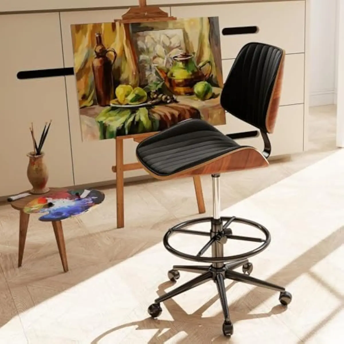 Drafting Chair for Standing Workstations • Armless Tall Seat with Curved Bentwood Back Support • Height Adjustable 21.65–29.53 i