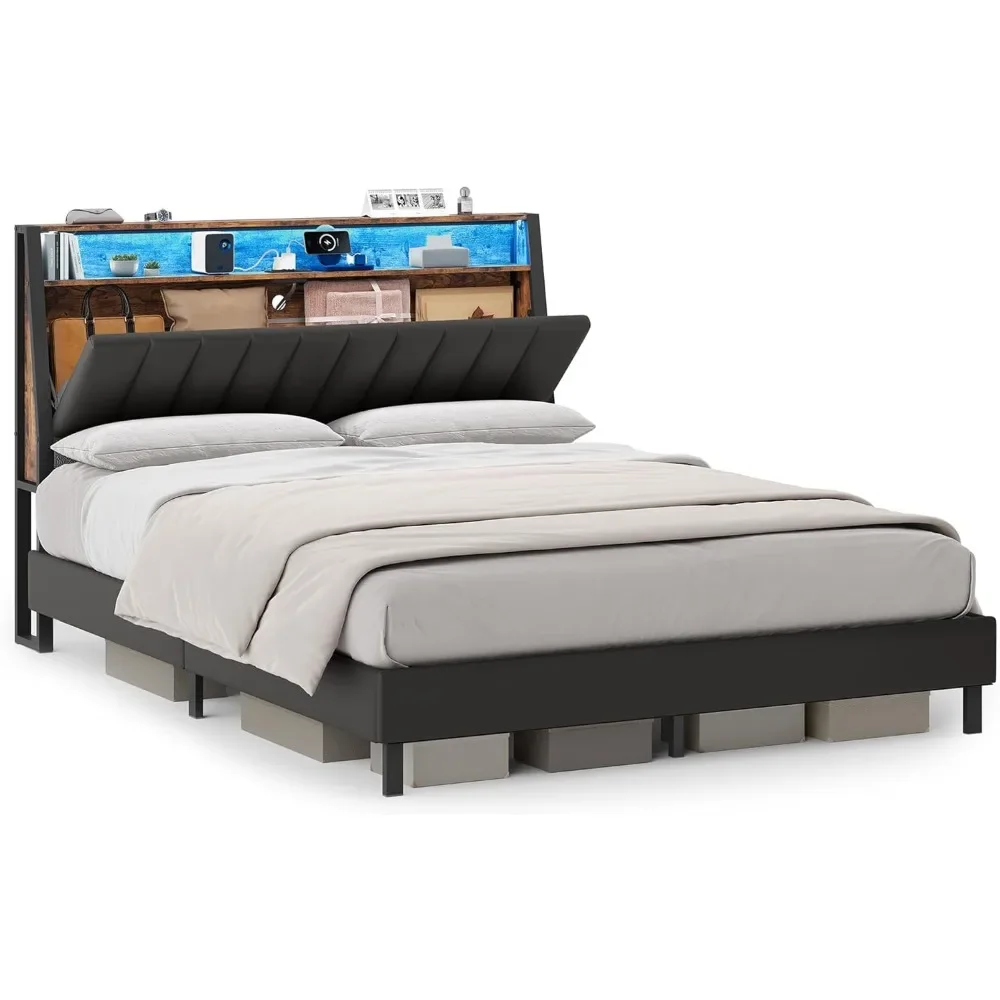 LED Bed Frame Queen Size, Storage Headboard and Charging Station, Queen Bed Frame with 2 AC Outlets, 1 USB Port, 1 Type-C Port