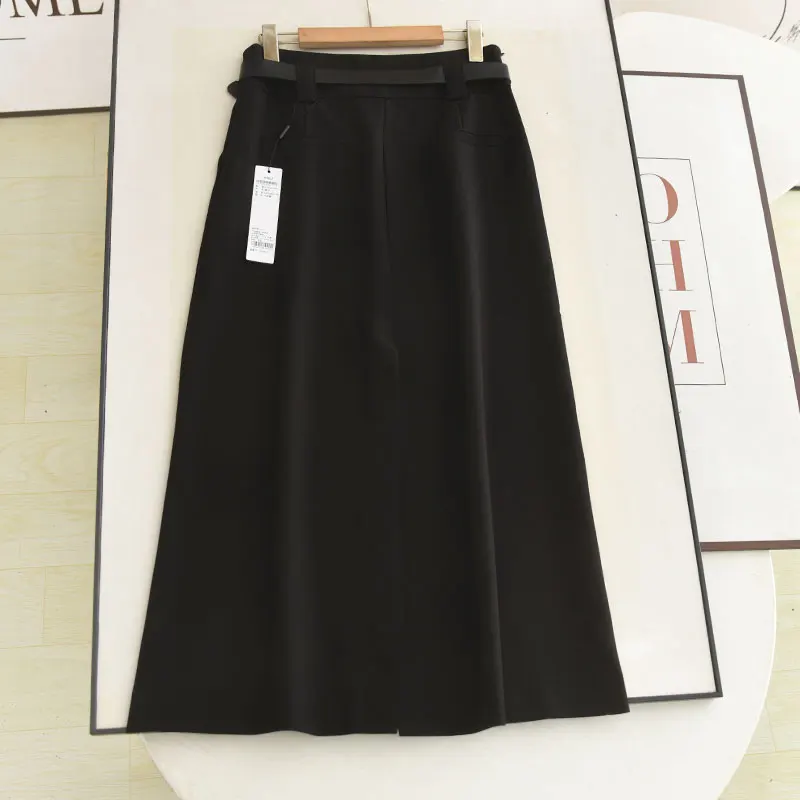 

Ele High Waist Bla A-Line Midi Skirt with Belt Autumn 2025 New Sle Casual Ladies Faion High Waist pe Design