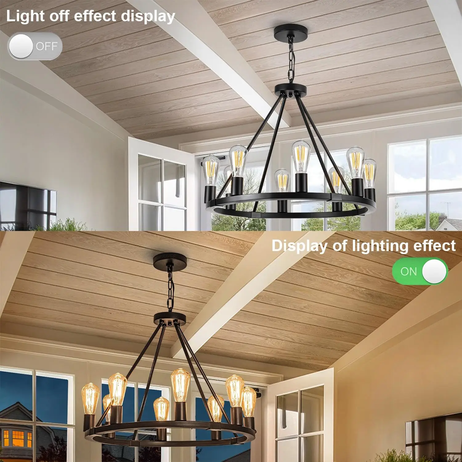 مزرعة الثريا 8-Light الأسود عربة عجلة قلادة ضوء خمر الصناعية عكس الضوء E26 قاعدة لغرفة المعيشة بهو المدخل