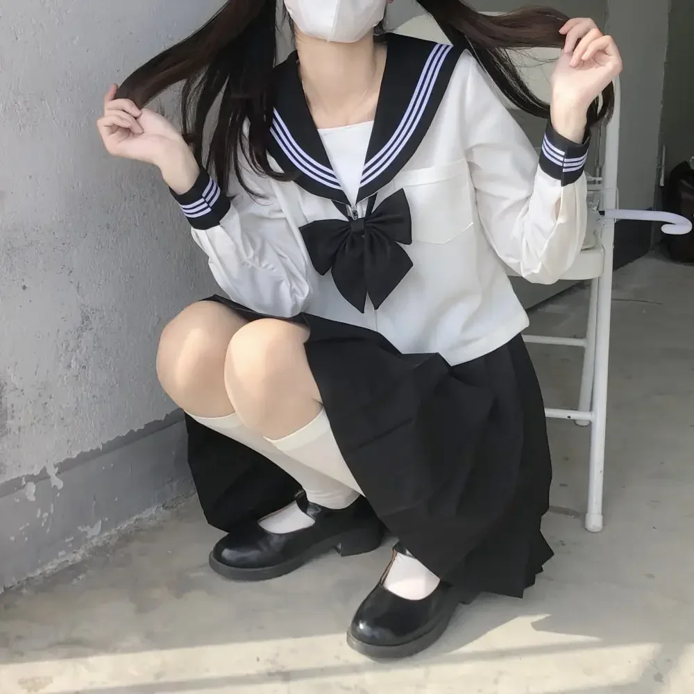 Japanese School Uniform Girls Plus Size Jk Suit Black Tie Black Three Basic Sailor Uniform Short&Long Sleeve Suit Pleated Skirt