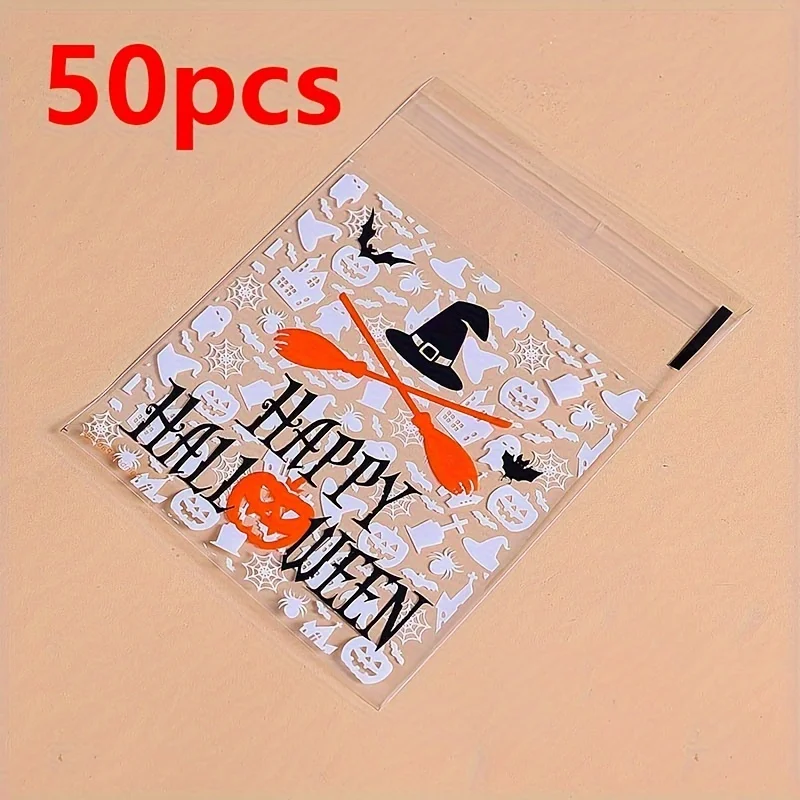 50 Stück Halloween-Kürbis-Geister-Fledermaus-Muster Selbstklebende Plastiktüten für DIY Hausgemachte Kekse Party Schmuck Feiertagsgeschenke – Detail 7