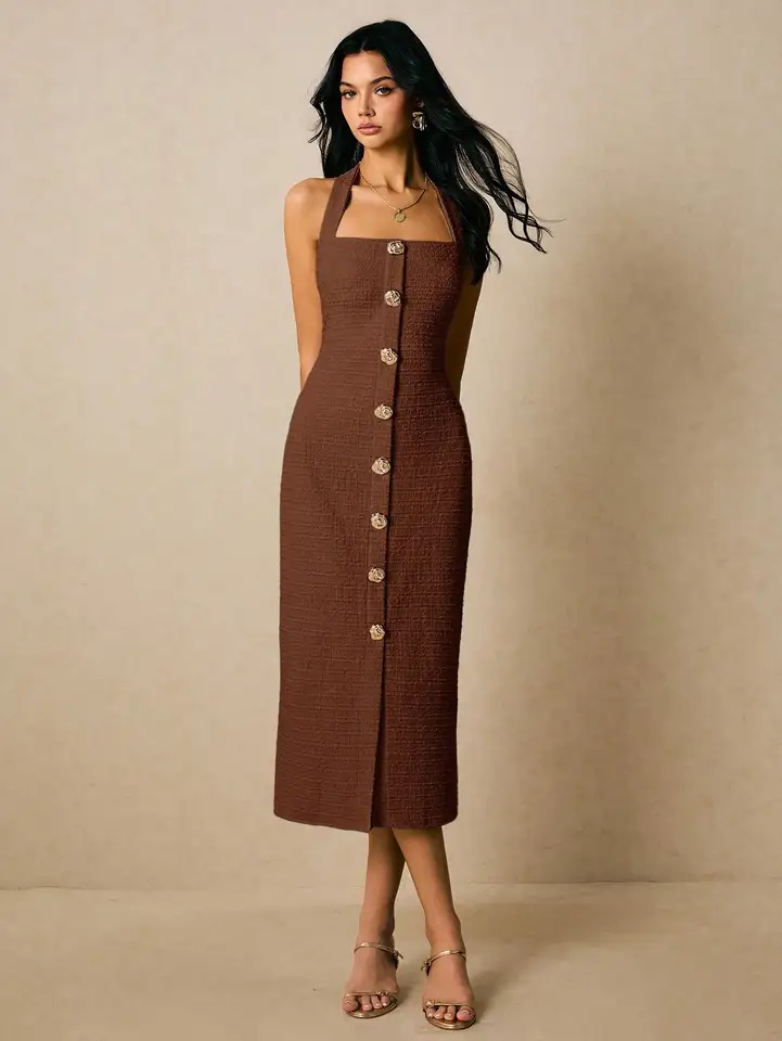 Textured Halter Neck Midi Dress with Slit and Open Back