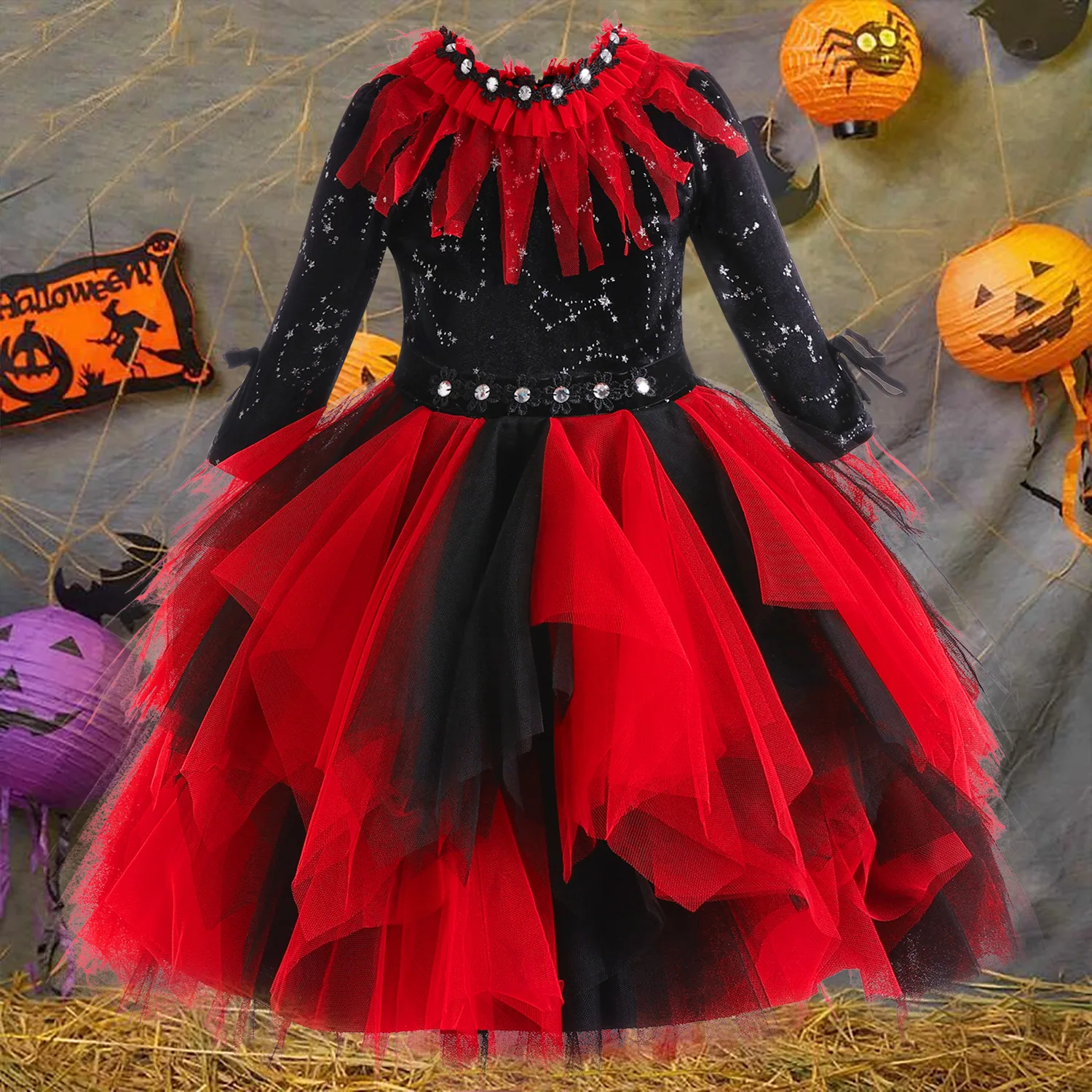 Girl Halloween Dress For Kid Ghost Bride Gothic Cosplay Vampire Costume Count Vampiran Carnival Outfit Black Red Clothes