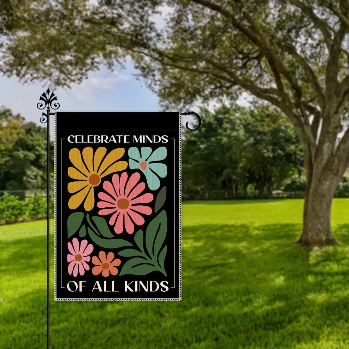Hafhue Celebrate Minds of All Kinds Garden Flag, 12 x 18 Inch Double Sided Retro Floral Yard Garden Lawn Court Decor Flag, N zzo