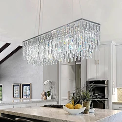 Luxury Crystal Long Pendant Lights Modern Lustres LED Chrome Hanging Lamps for Ceiling Silver Home Decor for Dining Room Remote