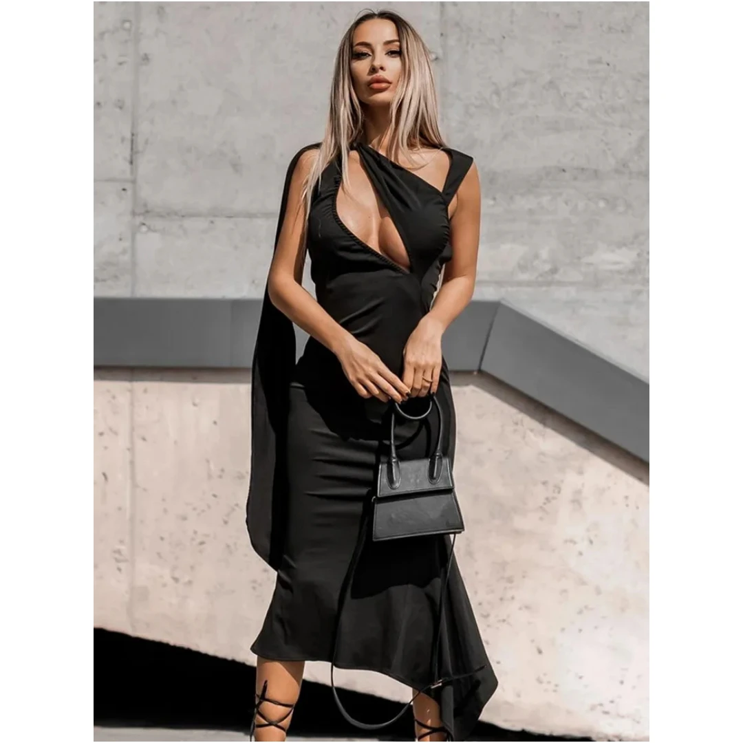 Women Celebrity Summer Sexy O Neck Key Hole Cloak Black Midi Bodycon Prom Dress Elegant Evening Club Cocktail Party Dresses