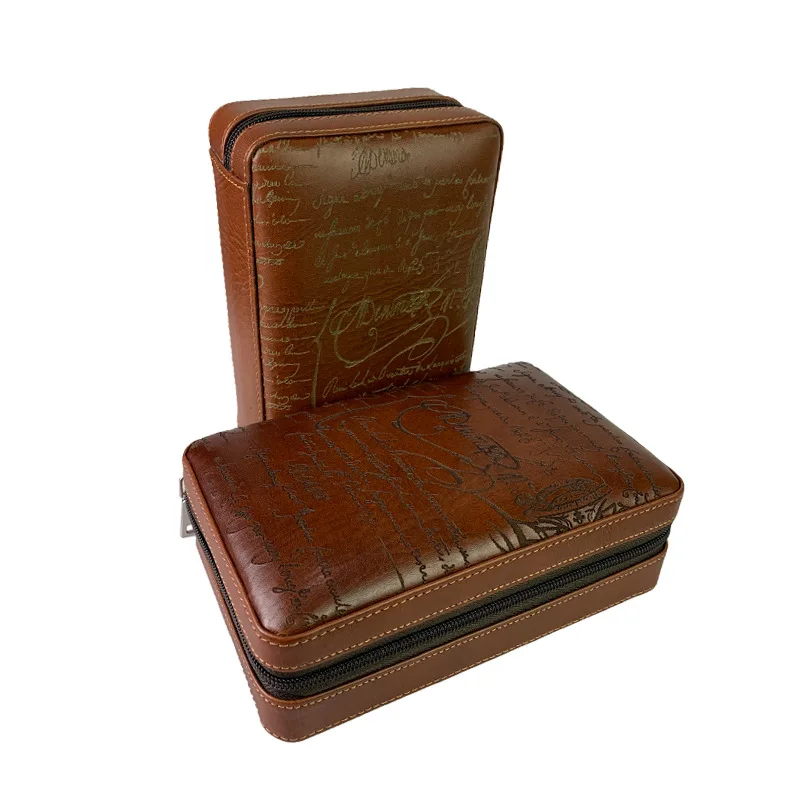 Carved version cigar box portable cigar case cedar wood moisturizing box two-layer leather storage box leather box